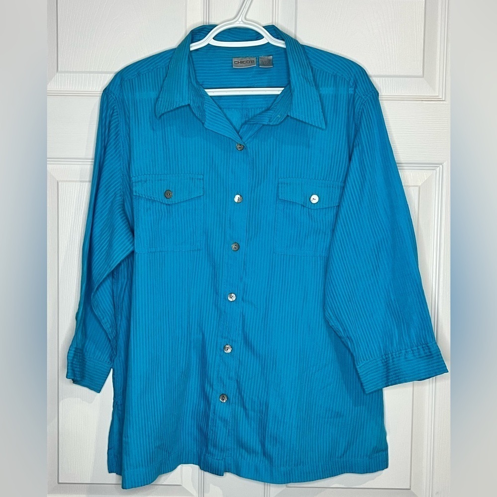 VTG Chico’s Women’s Button Up 3/4 Sleeve Shirt - Blue Striped - Size 3 (XL/16)